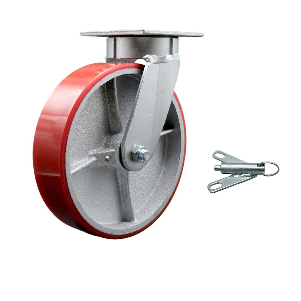 Kingpinless Polyurethane on Cast Iron Swivel Top Plate Caster w/8" x 2" Red Wheel & Bolt on Swivel Lock - 1250 lbs Capacity/Caster - Service Caster Brand — photo 1