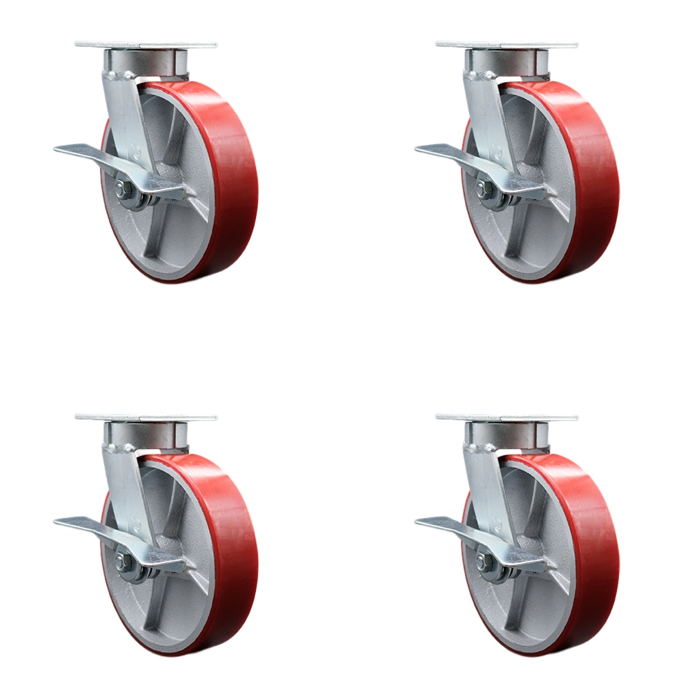 Kingpinless Polyurethane on Cast Iron Swivel Top Plate Caster Set of 4 w/8" x 2" Red Wheels - Includes 4 Swivel w/Side Lck Brakes - 5000 lbs Total Capacity - Service Caster Brand — photo 1
