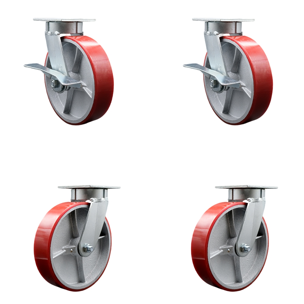 Heavy Duty Kingpinless Swivel Caster Set with 8 Inch Red Poly on Cast Iron Wheels and Ball Bearings-Include 2 Swivel with Brake&Bolt on Swivel Lock and 2 Swivel with Swivel Lock - Service Caster Brand — photo 1