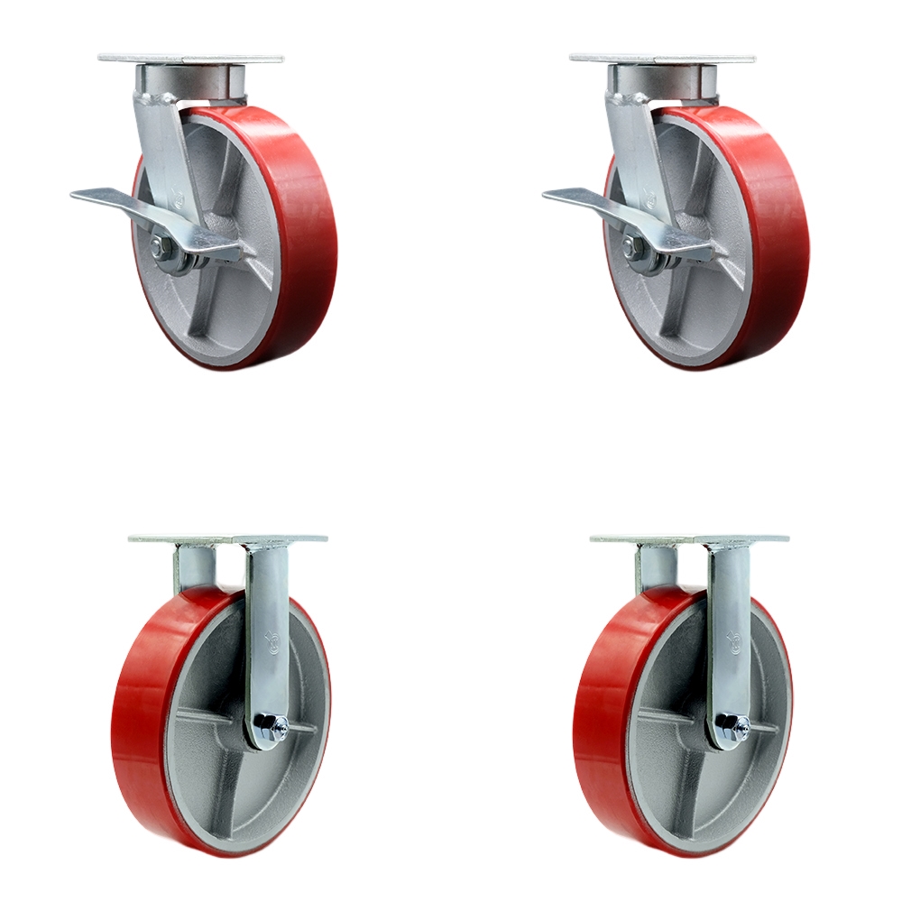 Kingpinless Polyurethane on Cast Iron Swivel Top Plate Caster Set of 4 w/8" x 2" Red Wheels- Includes 2 Swivel with Brakes and Bolt on Swivel Locks&2 Rigid-5000 lbs Total Capacity-Service Caster Brand — photo 1
