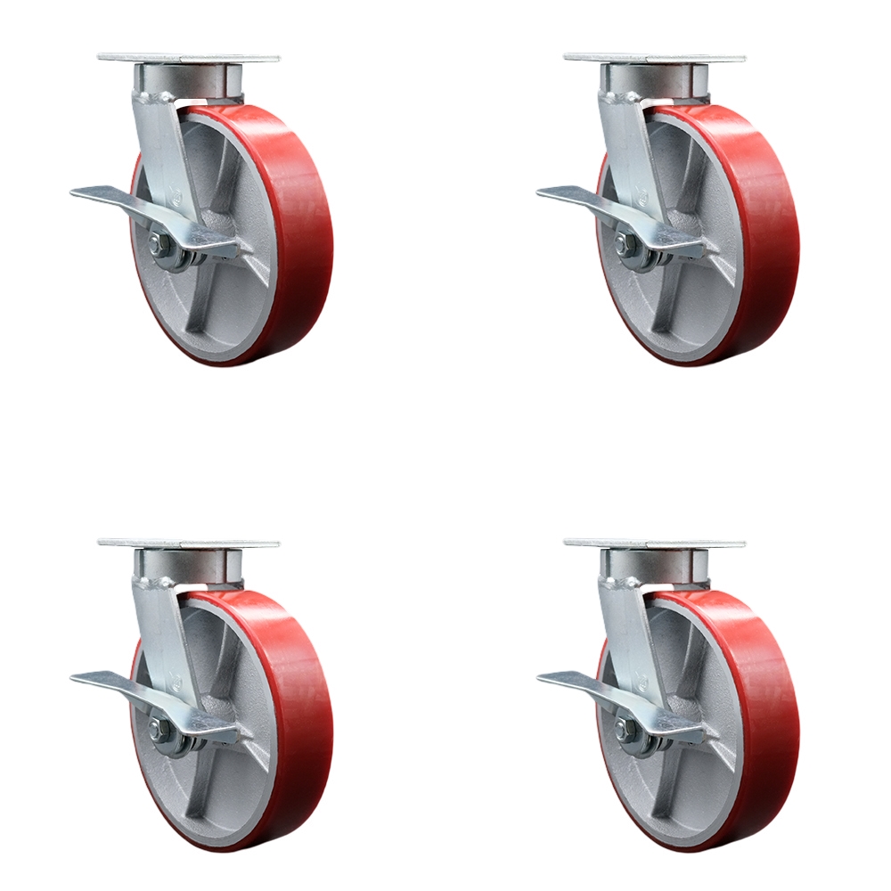Heavy Duty Kingpinless Swivel Caster Set of 4 with 8 Inch Red Poly on Cast Iron Wheels and Ball Bearings-Includes 2 Swivel with Brake&Bolt on Swivel Lock and 2 Swivel with Brake - Service Caster Brand — photo 1