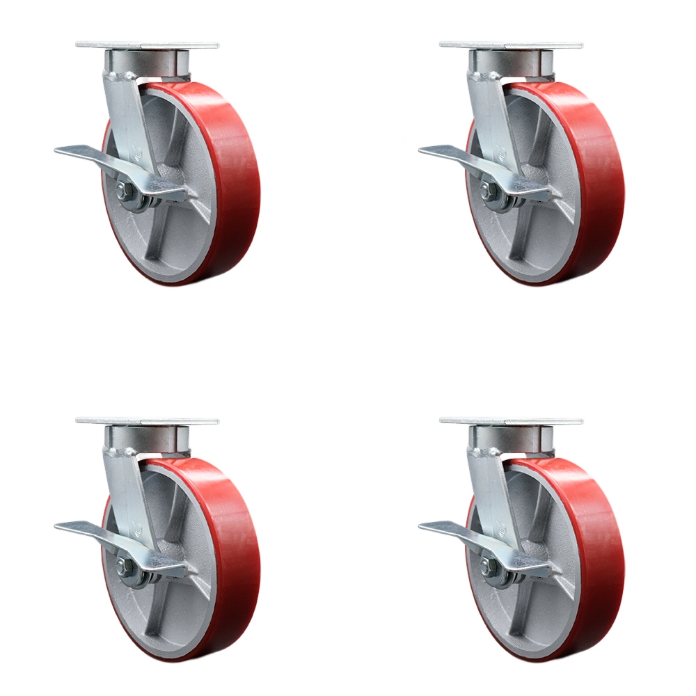 Heavy Duty Kingpinless Swivel Caster Set of 4 with 8 Inch Red Polyurethane on Cast Iron Wheels and Ball Bearings-Includes 4 Swivel with Side Lock Brakes and Bolt on Swivel Locks - Service Caster Brand — photo 1