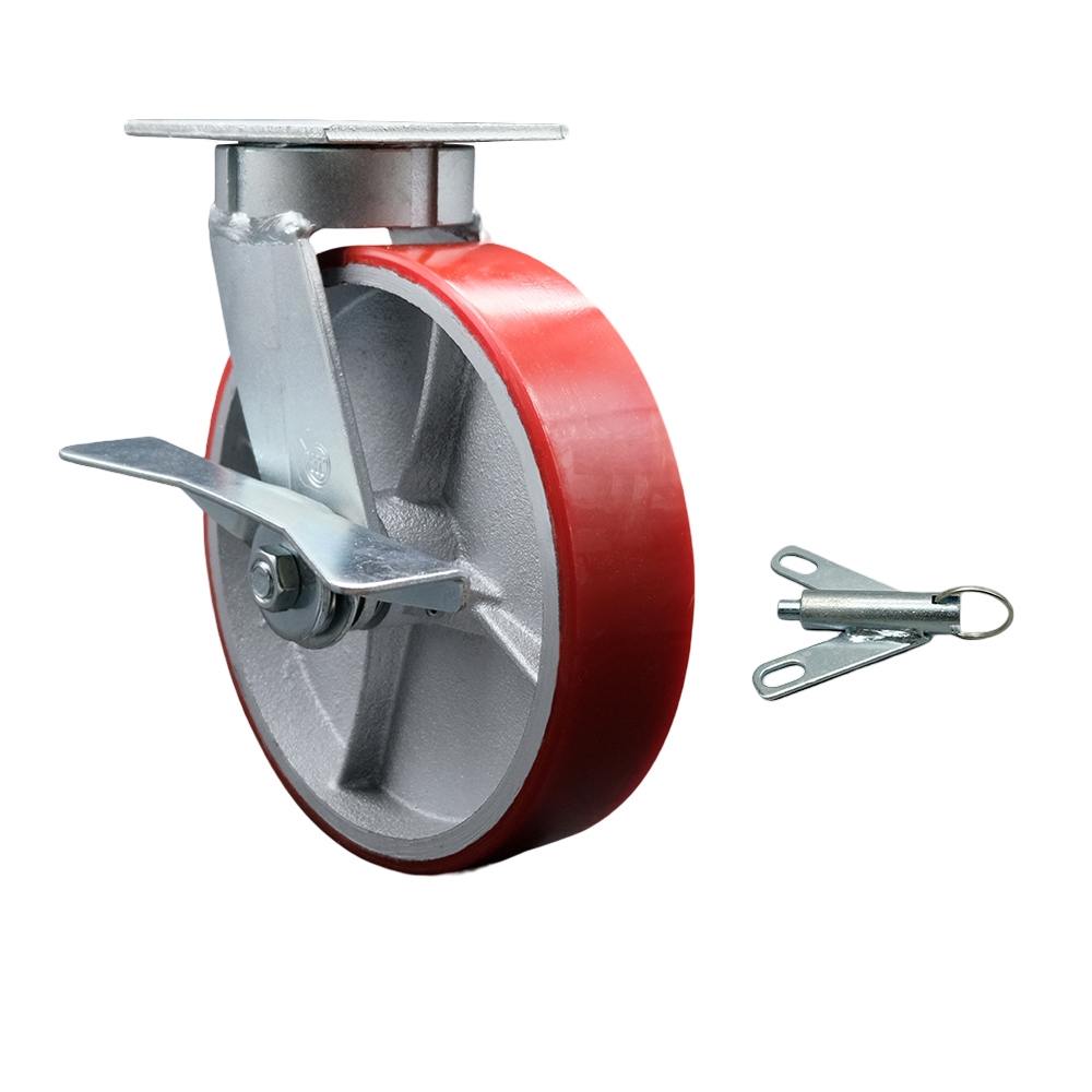 Heavy Duty Kingpinless Swivel Top Plate Caster with Side Lock Brake and Bolt on Swivel Lock and 8 Inch Red Poly on Cast Iron Wheel with Ball Bearings- 1,250 lbs. Capacity/Caster - Service Caster Brand — photo 1