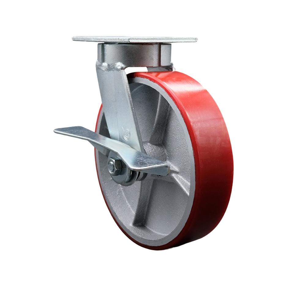 Kingpinless Polyurethane on Cast Iron Swivel Top Plate Caster w/8" x 2" Red Wheel & Side Lck Brake - 1250 lbs Capacity/Caster - Service Caster Brand — photo 1