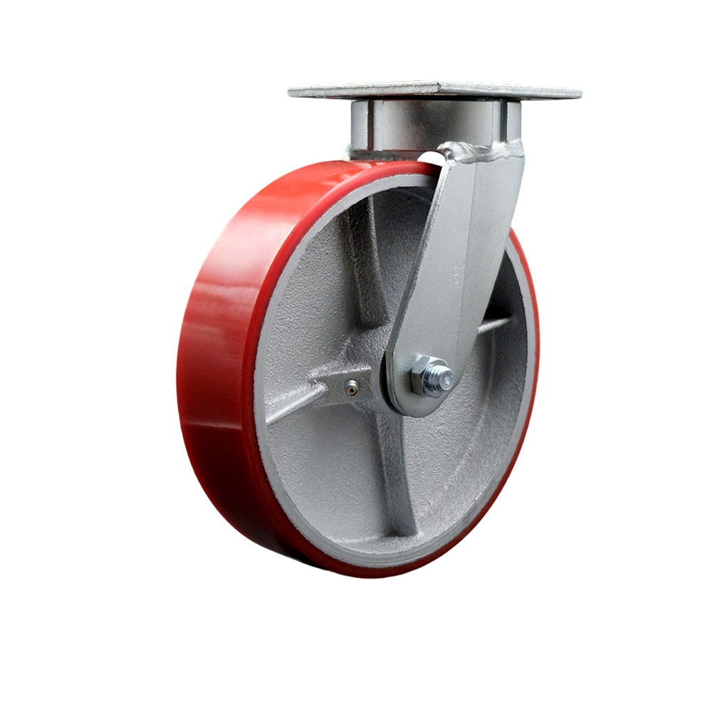 Kingpinless Polyurethane on Cast Iron Swivel Top Plate Caster w/8" x 2" Red Wheel - 1250 lbs Capacity/Caster - Service Caster Brand — photo 1