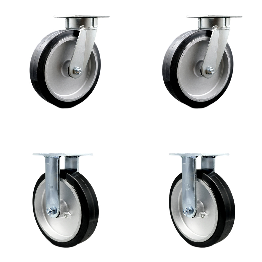 Kingpinless Rubber on Aluminum Swivel Top Plate Caster Set of 4 w/8" x 2" Black Wheels - Includes 2 Swivel & 2 Rigid - 2400 lbs Total Capacity - Service Caster Brand — photo 1