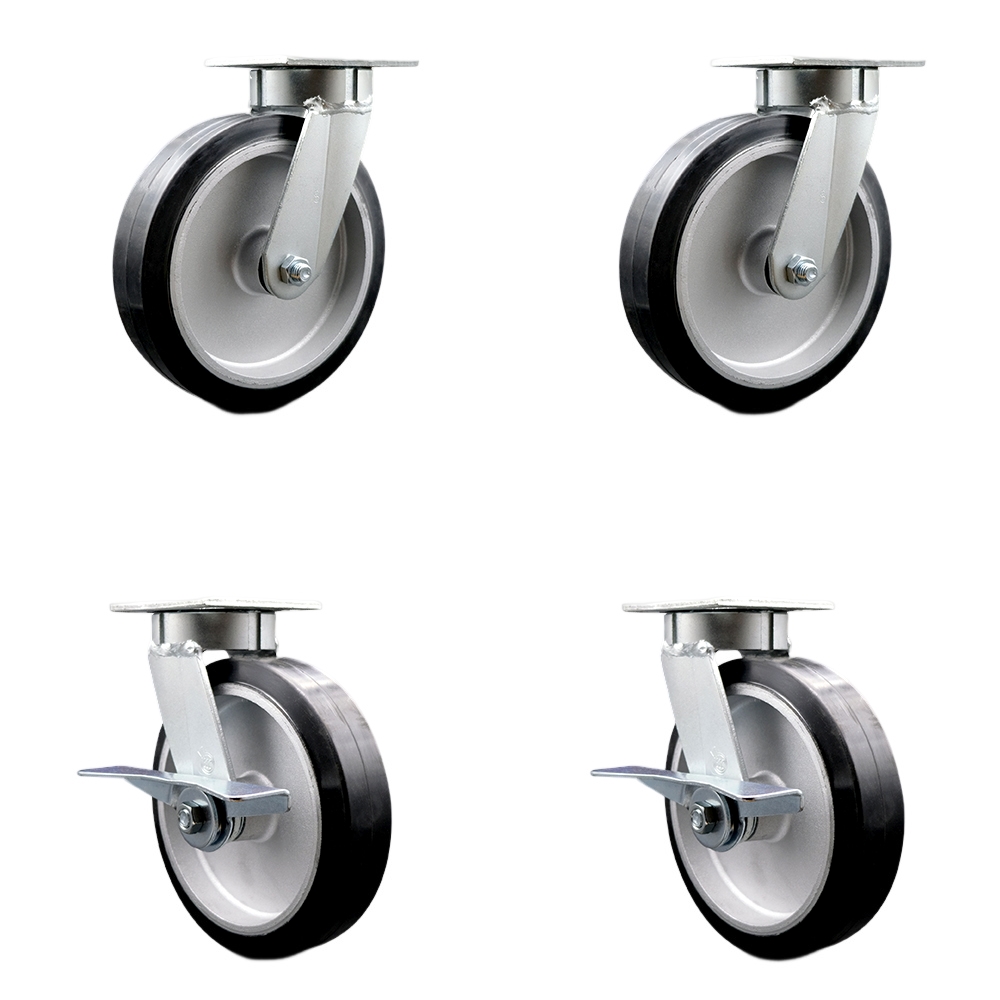 Heavy Duty Kingpinless Swivel Caster Set of 4 with 8 Inch Rubber on Aluminum Wheels and Ball Bearings -Includes 2 Swivel with Brakes and 2 Swivel - 2,400 lbs. Total Capacity - Service Caster Brand — photo 1