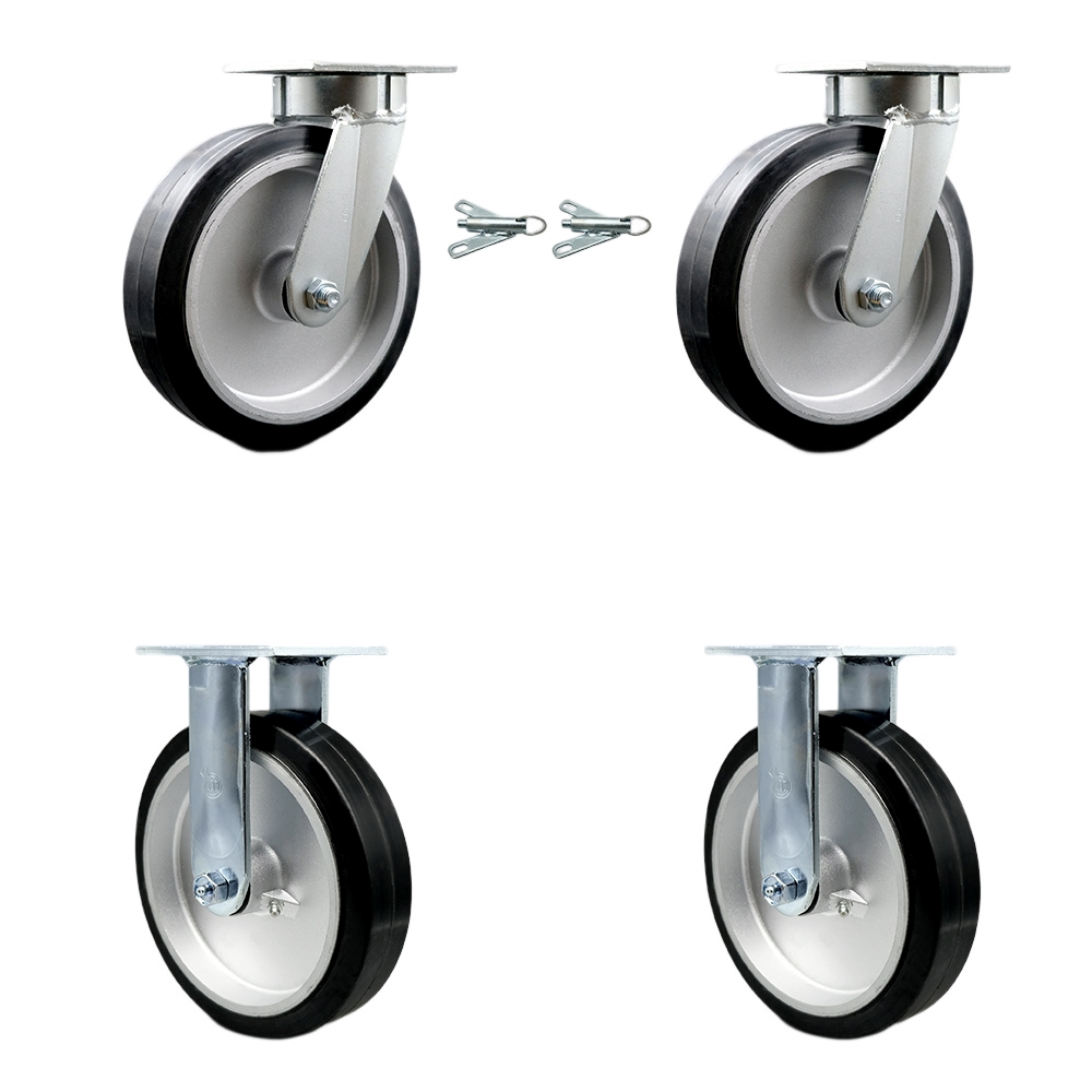 Kingpinless Rubber on Aluminum Swivel Top Plate Caster Set of 4 w/8" x 2" Black Wheels - Includes 2 Swivel with Bolt on Swivel Locks & 2 Rigid - 2400 lbs Total Capacity - Service Caster Brand — photo 1