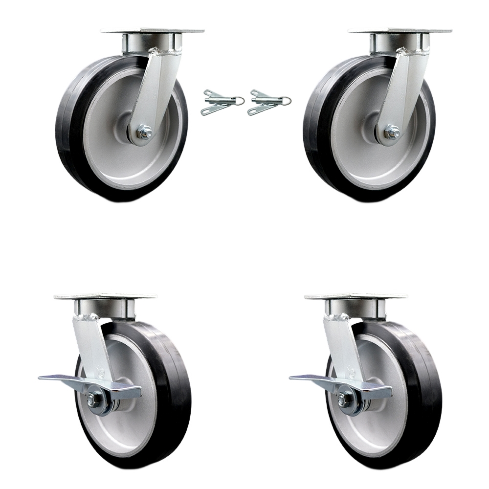Heavy Duty Kingpinless Swivel Caster Set of 4 with 8 Inch Rubber on Aluminum Wheels and Ball Bearings - Includes 2 Swivel with Bolt on Swivel Locks and 2 Swivel with Brakes - Service Caster Brand — photo 1