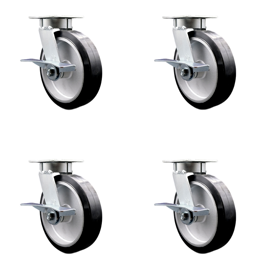 Kingpinless Rubber on Aluminum Swivel Top Plate Caster Set of 4 w/8" x 2" Black Wheels - Includes 4 Swivel w/Side Lck Brakes - 2400 lbs Total Capacity - Service Caster Brand — photo 1