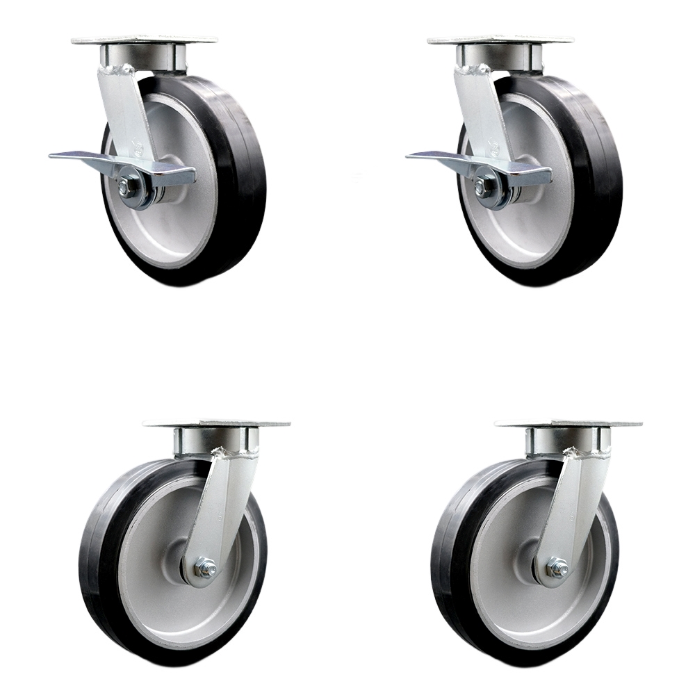 Heavy Duty Kingpinless Swivel Caster Set with 8 Inch Rubber on Aluminum Wheels and Ball Bearings-Includes 2 Swivel with Brake and Bolt on Swivel Lock and 2 Swivel with Swivel Lock-Service Caster Brand — photo 1