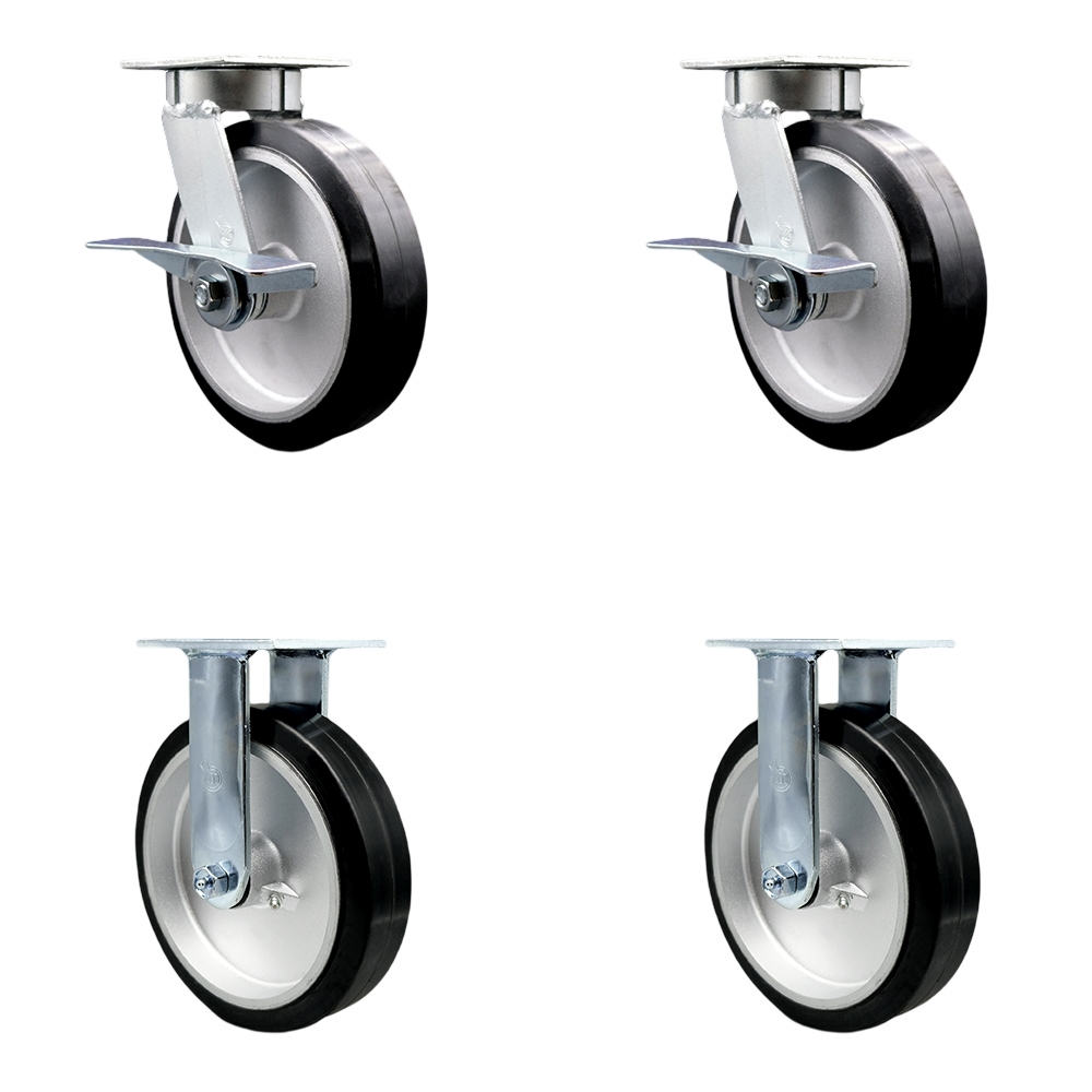 Heavy Duty Kingpinless Swivel Caster Set of 4 with 8 Inch Rubber on Aluminum Wheels and Ball Bearings - Includes 2 Swivel with Brakes and Bolt on Swivel Locks and 2 Rigid - Service Caster Brand — photo 1