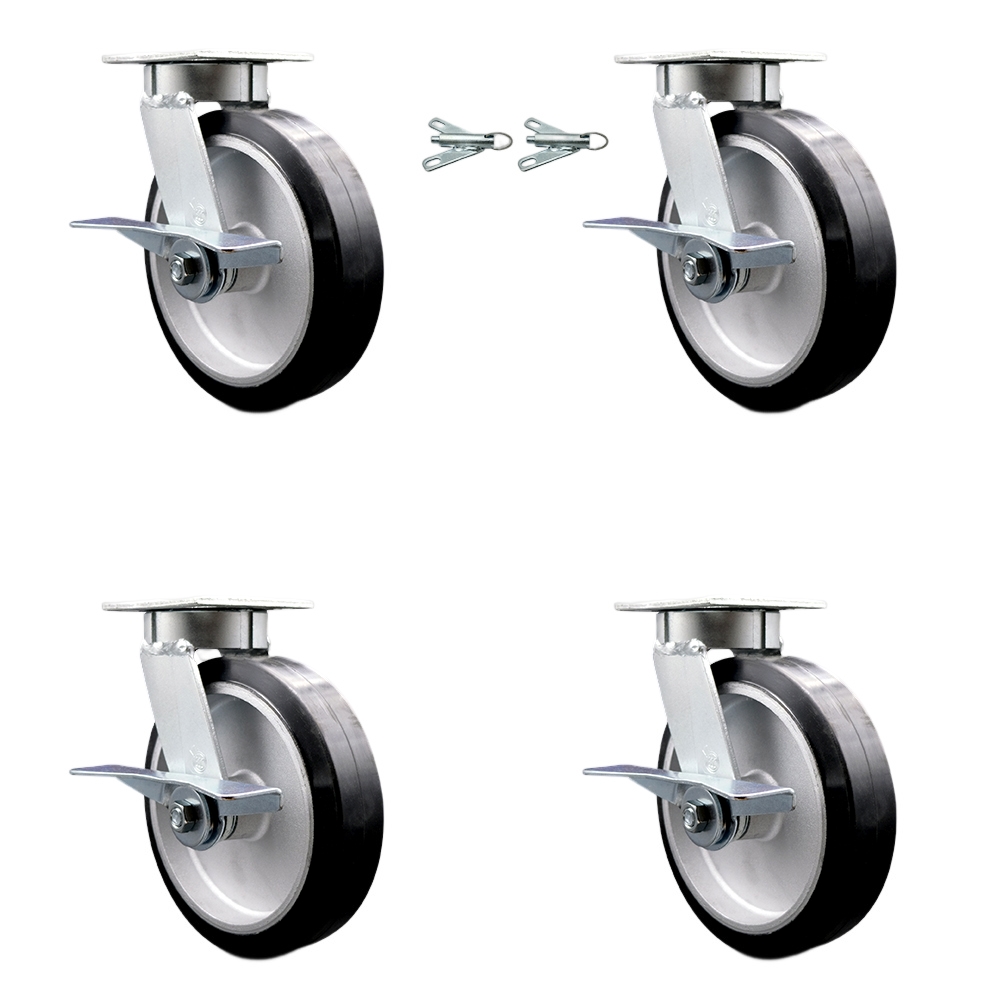 Kingpinless Rubber on Aluminum Swivel Top Plate Caster Set 4 w/8" x 2" Black Wheels-Includes 2 Swivel with Brakes and Bolt on Swivel Locks&2 Swivel with Brakes-2400 lbs Total Cpty-Service Caster Brand — photo 1