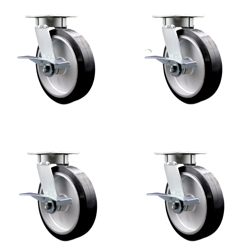 Kingpinless Rubber on Aluminum Swivel Top Plate Caster Set of 4 w/8" x 2" Black Wheels - Includes 4 Swivel w/Side Lck Brakes & Bolt on Swivel Locks - 2400 lbs Total Capacity - Service Caster Brand — photo 1