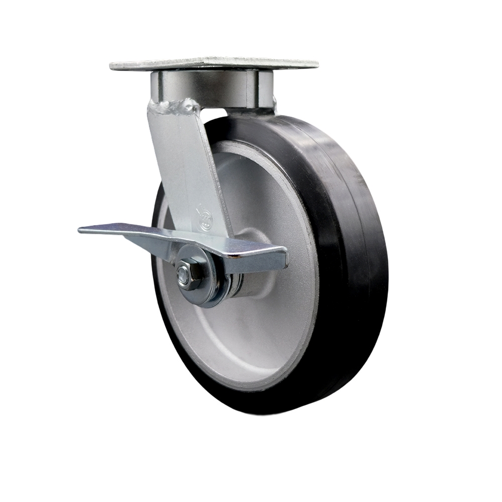 Heavy Duty Kingpinless Swivel Top Plate Caster with Side Lock Brake and 8 Inch Rubber on Aluminum Wheel with Ball Bearings - 600 lbs. Capacity/Caster - Service Caster Brand — photo 1