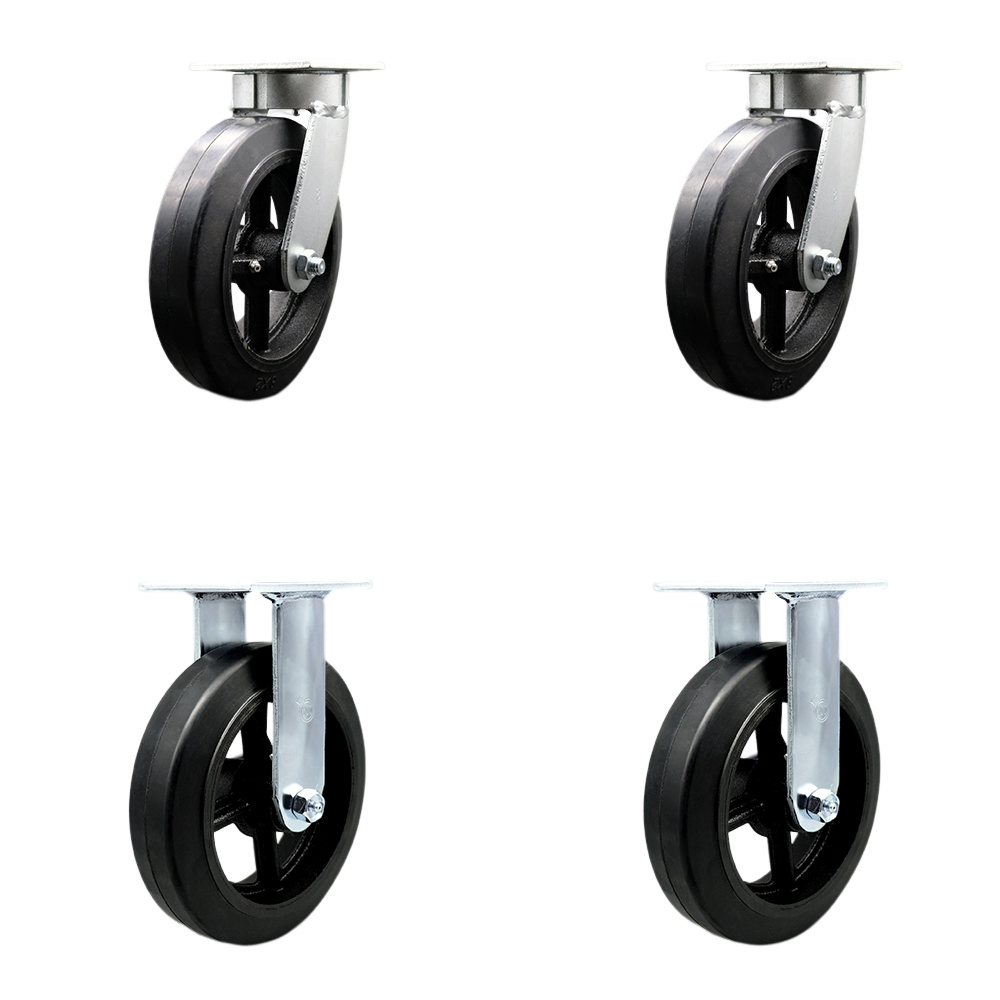 Kingpinless Rubber on Cast Iron Swivel Top Plate Caster Set of 4 w/8" x 2" Black Wheels - Includes 2 Swivel & 2 Rigid - 2000 lbs Total Capacity - Service Caster Brand — photo 1