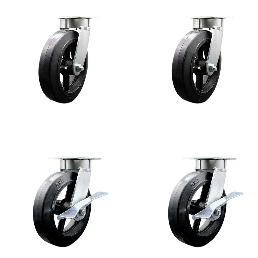 Heavy Duty Kingpinless Swivel Caster Set of 4 with 8 Inch Rubber on Cast Iron Wheels and Ball Bearings -Includes 2 Swivel with Brakes and 2 Swivel - 2,000 lbs. Total Capacity - Service Caster Brand — photo 1