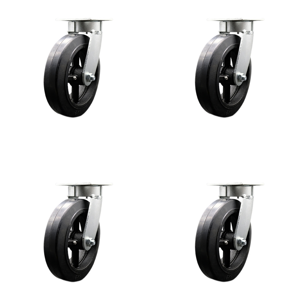 Kingpinless Rubber on Cast Iron Swivel Top Plate Caster Set of 4 w/8" x 2" Black Wheels - Includes 4 Swivel - 2000 lbs Total Capacity - Service Caster Brand — photo 1