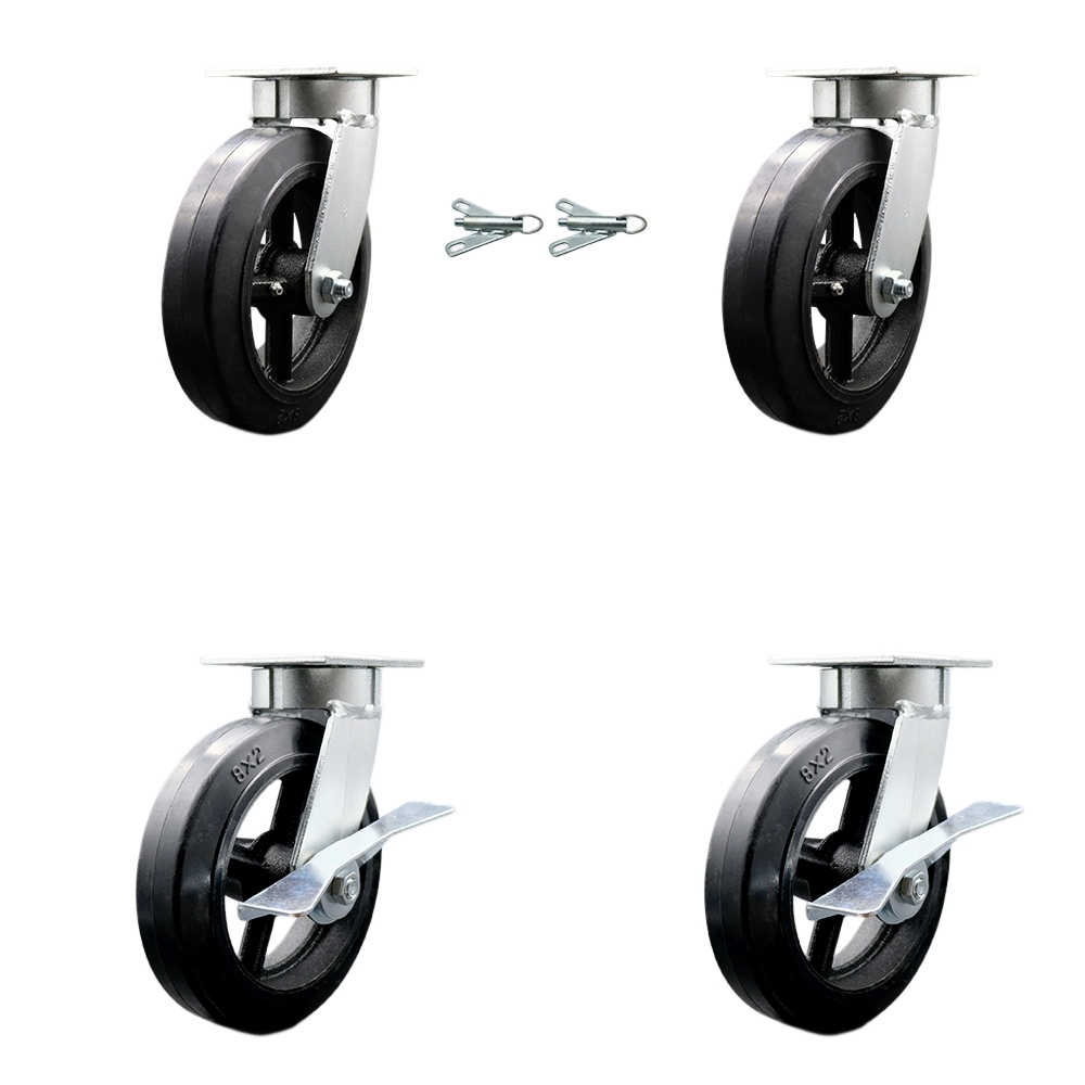 Kingpinless Rubber on Cast Iron Swivel Top Plate Caster Set of 4 w/8" x 2" Black Wheels - Includes 2 Swivel with Bolt on Swivel Locks&2 Swivel with Brakes-2000lbs Total Capacity - Service Caster Brand — photo 1