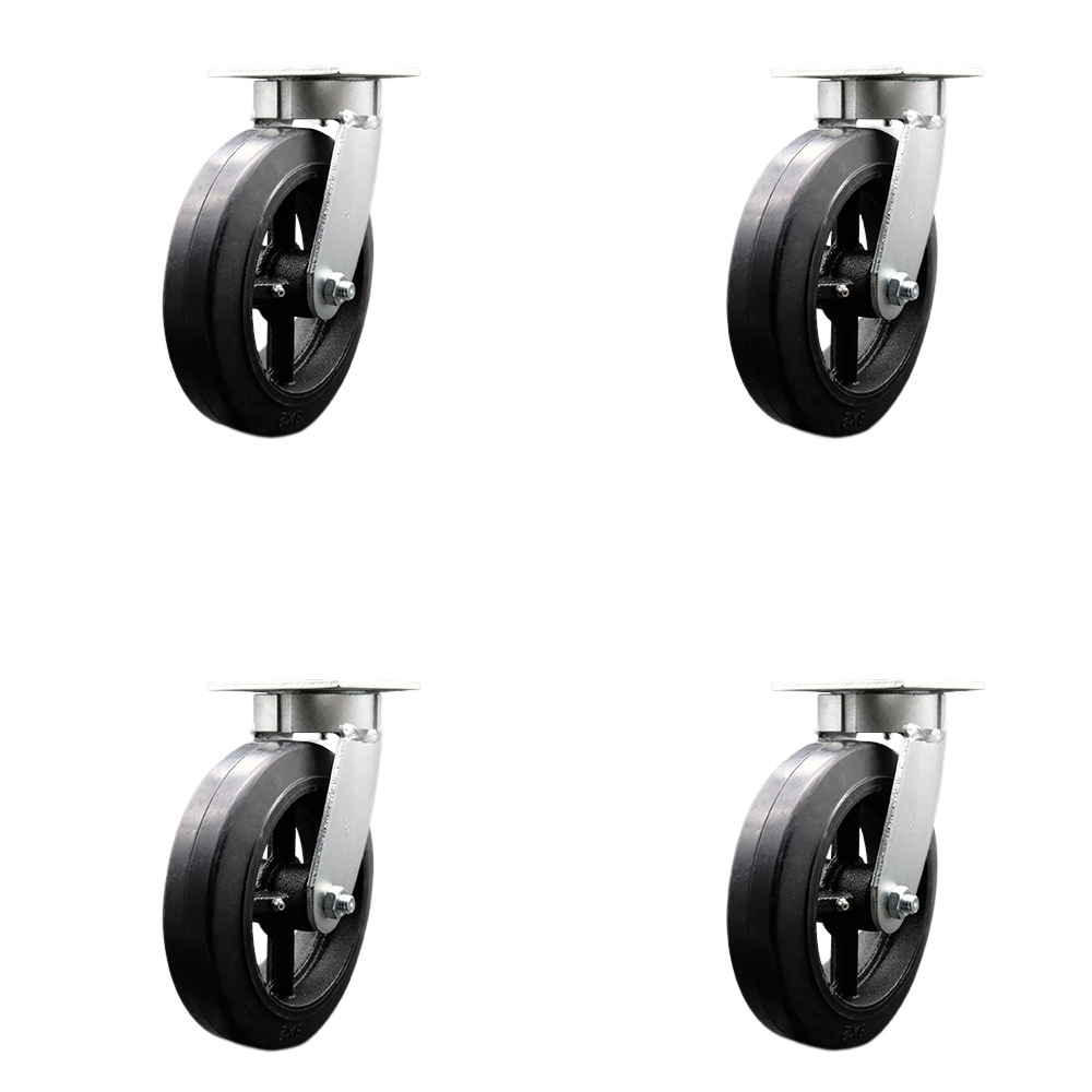 Kingpinless Rubber on Cast Iron Swivel Top Plate Caster Set of 4 w/8" x 2" Black Wheels - Includes 4 Swivel w/Bolt on Swivel Locks - 2000 lbs Total Capacity - Service Caster Brand — photo 1