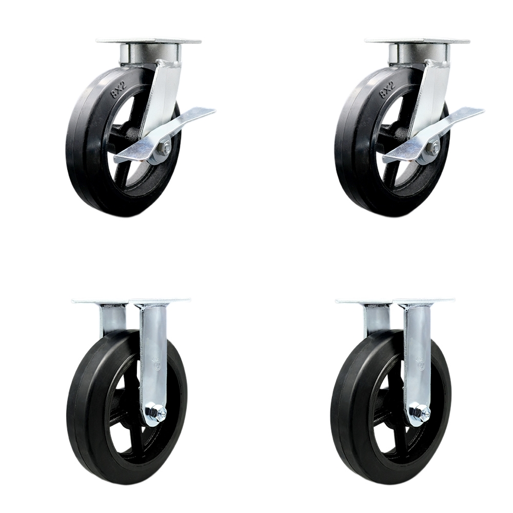 Kingpinless Rubber on Cast Iron Swivel Top Plate Caster Set of 4 w/8" x 2" Black Wheels - Includes 2 Swivel with Brakes & 2 Rigid - 2000 lbs Total Capacity - Service Caster Brand — photo 1