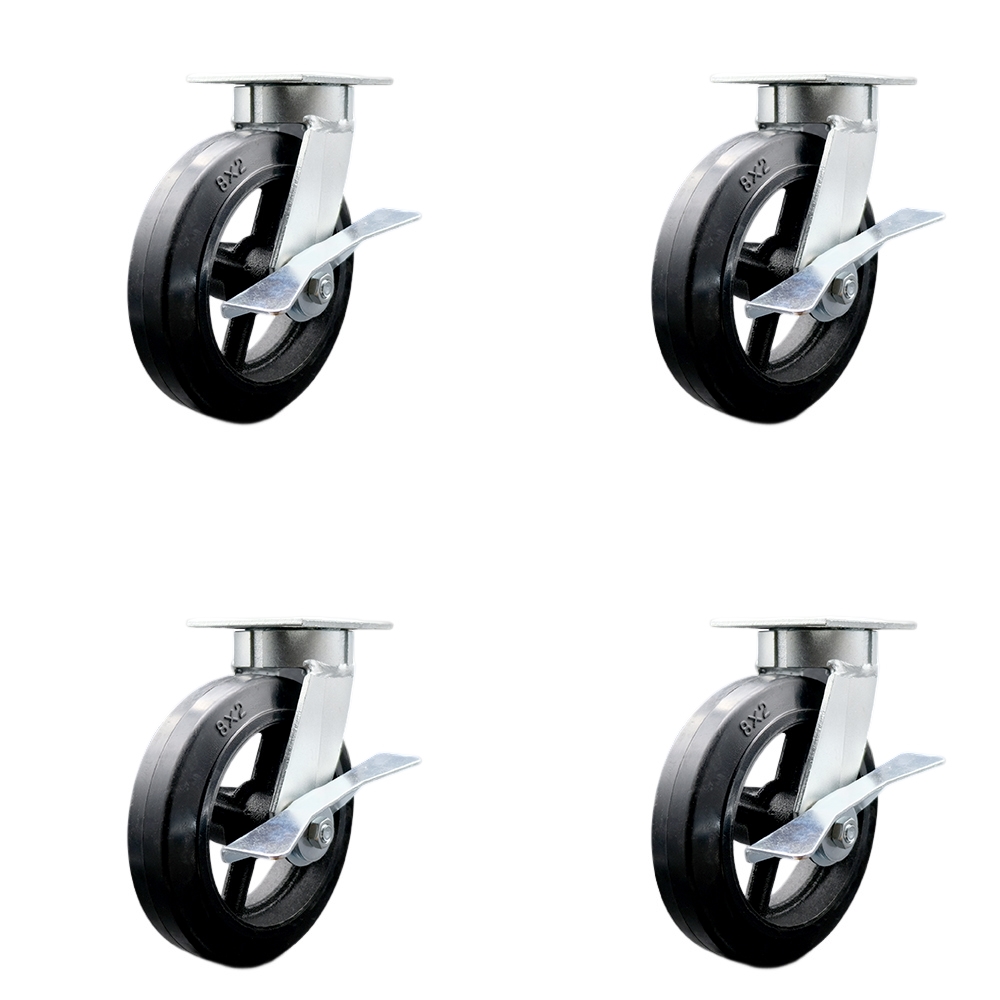 Heavy Duty Kingpinless Swivel Caster Set of 4 with 8 Inch Rubber on Cast Iron Wheels and Ball Bearings - Includes 4 Swivel with Side Lock Brakes - 2,000 lbs. Total Capacity - Service Caster Brand — photo 1