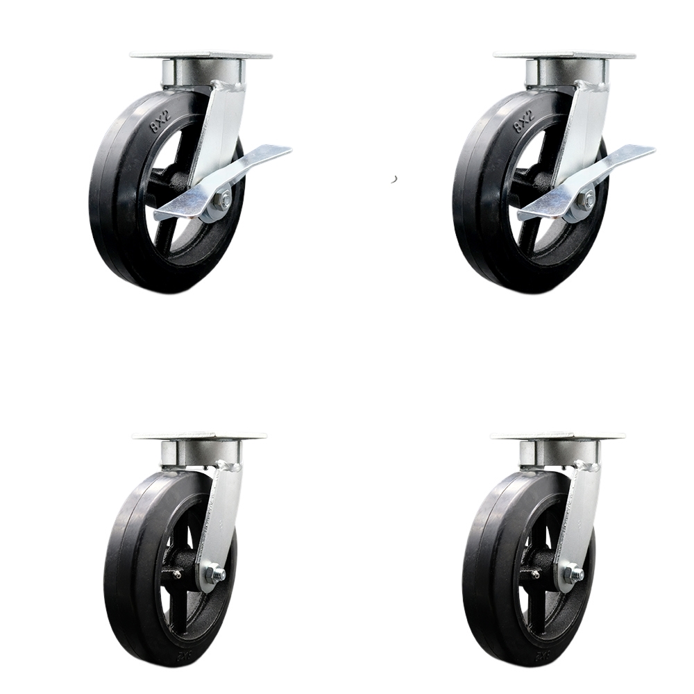 Heavy Duty Kingpinless Swivel Caster Set with 8 Inch Rubber on Cast Iron Wheels and Ball Bearings-Include 2 Swivel with Brake and Bolt on Swivel Lock and 2 Swivel with Swivel Lock-Service Caster Brand — photo 1