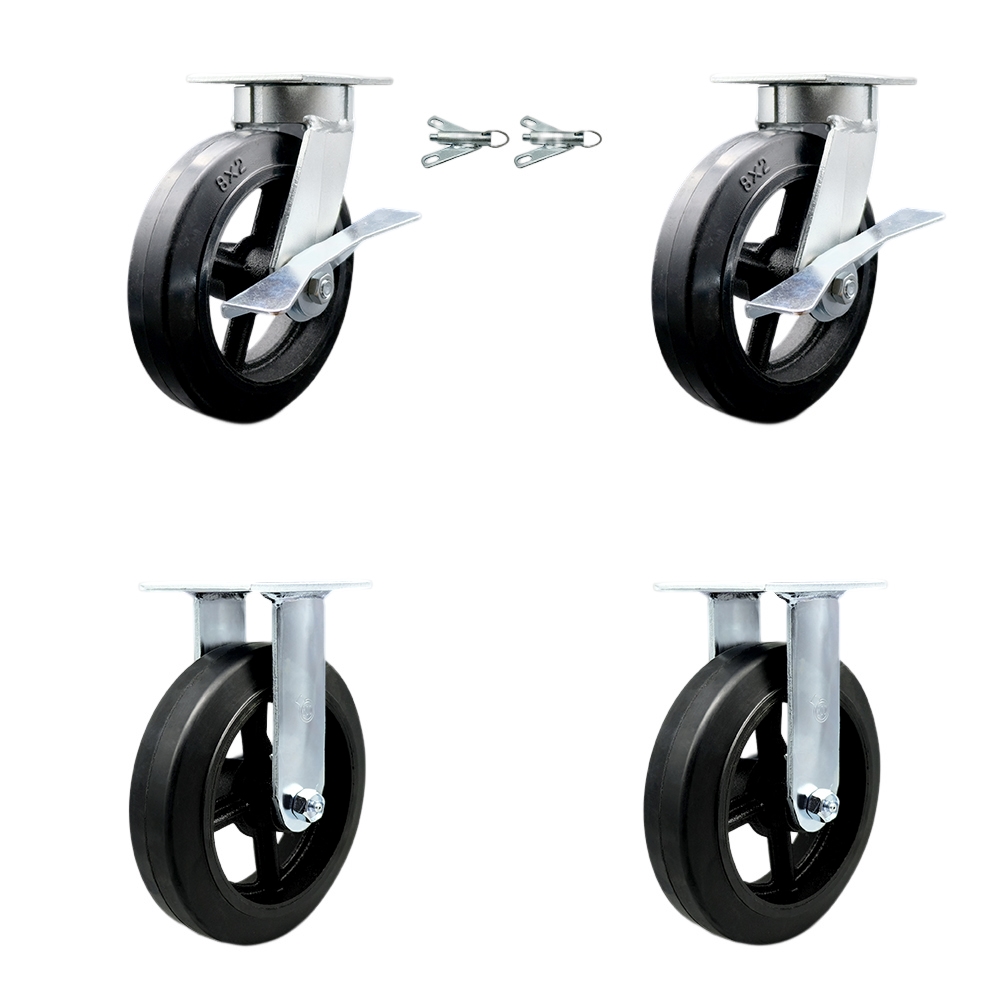 Kingpinless Rubber on Cast Iron Swivel Top Plate Caster Set of 4 w/8" x 2" Black Wheels - Includes 2 Swivel with Brakes and Bolt on Swivel Locks & 2 Rigid-2000lbs Total Capacity - Service Caster Brand — photo 1