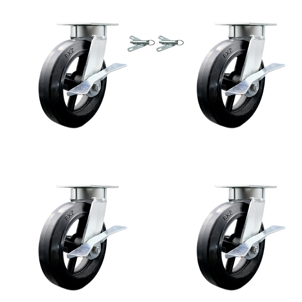 Kingpinless Rubber on Cast Iron Swivel Top Plate Caster Set 4 w/8" x 2" Black Wheels-Includes 2 Swivel with Brakes and Bolt on Swivel Locks&2 Swivel with Brakes-2000lbs Total Cpty-Service Caster Brand — photo 1