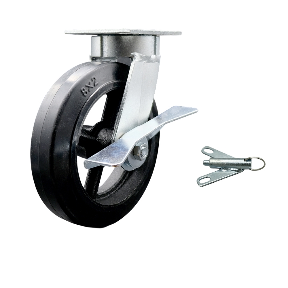 Kingpinless Rubber on Cast Iron Swivel Top Plate Caster w/8" x 2" Black Wheel & Side Lck Brake and Bolt on Swivel Lock - 500 lbs Capacity/Caster - Service Caster Brand — photo 1