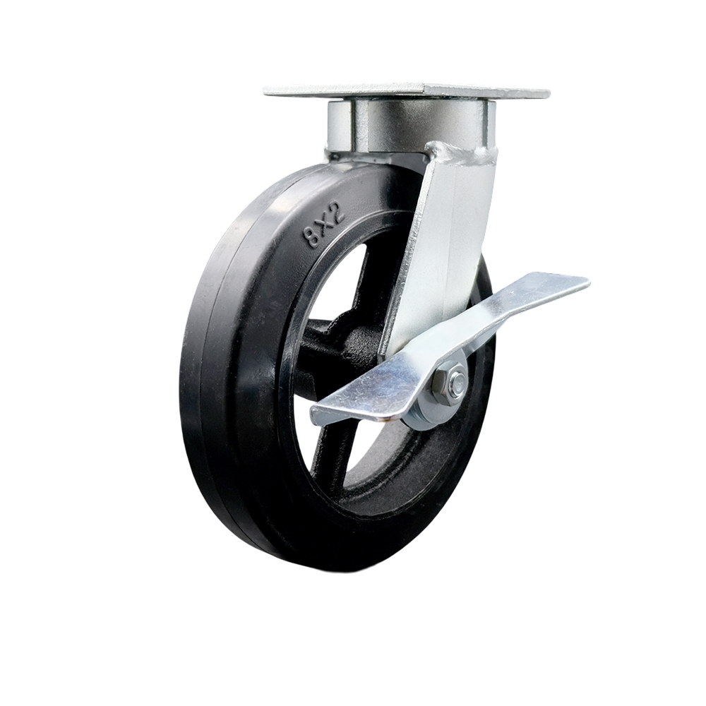 Kingpinless Rubber on Cast Iron Swivel Top Plate Caster w/8" x 2" Black Wheel & Side Lck Brake - 500 lbs Capacity/Caster - Service Caster Brand — photo 1