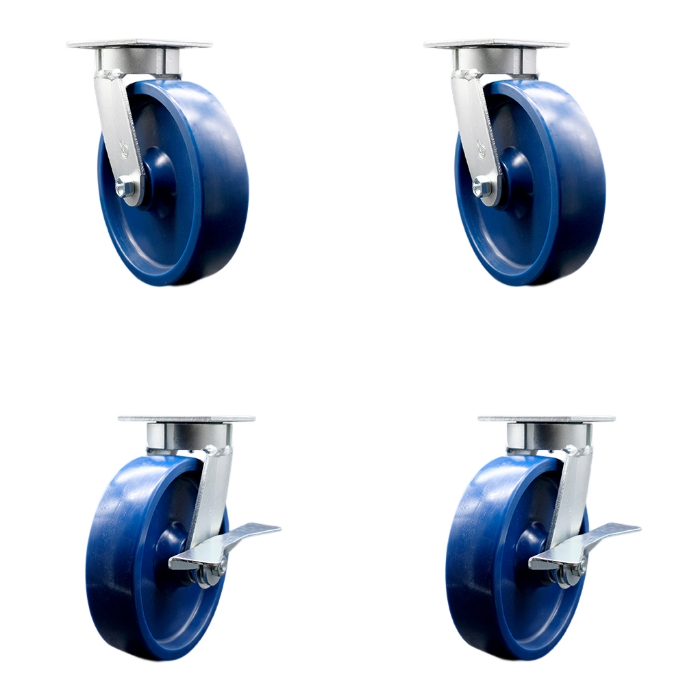 Heavy Duty Kingpinless Swivel Caster Set of 4 with 8 Inch Solid Polyurethane Wheels and Ball Bearings - Includes 2 Swivel with Brakes and 2 Swivel - 4,800 lbs. Total Capacity - Service Caster Brand — photo 1