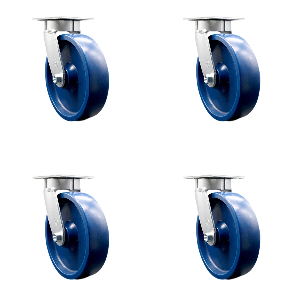 Kingpinless Solid Polyurethane Swivel Top Plate Caster Set of 4 w/8" x 2" Blue Wheels - Includes 4 Swivel - 4800 lbs Total Capacity - Service Caster Brand — photo 1