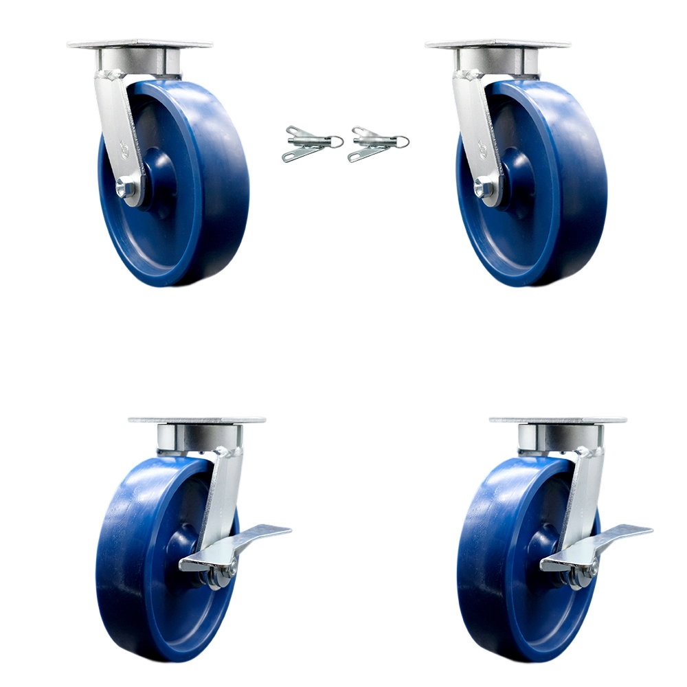 Kingpinless Solid Polyurethane Swivel Top Plate Caster Set of 4 w/8" x 2" Blue Wheels - Includes 2 Swivel with Bolt on Swivel Locks&2 Swivel with Brakes-4800 lbs Total Capacity - Service Caster Brand — photo 1
