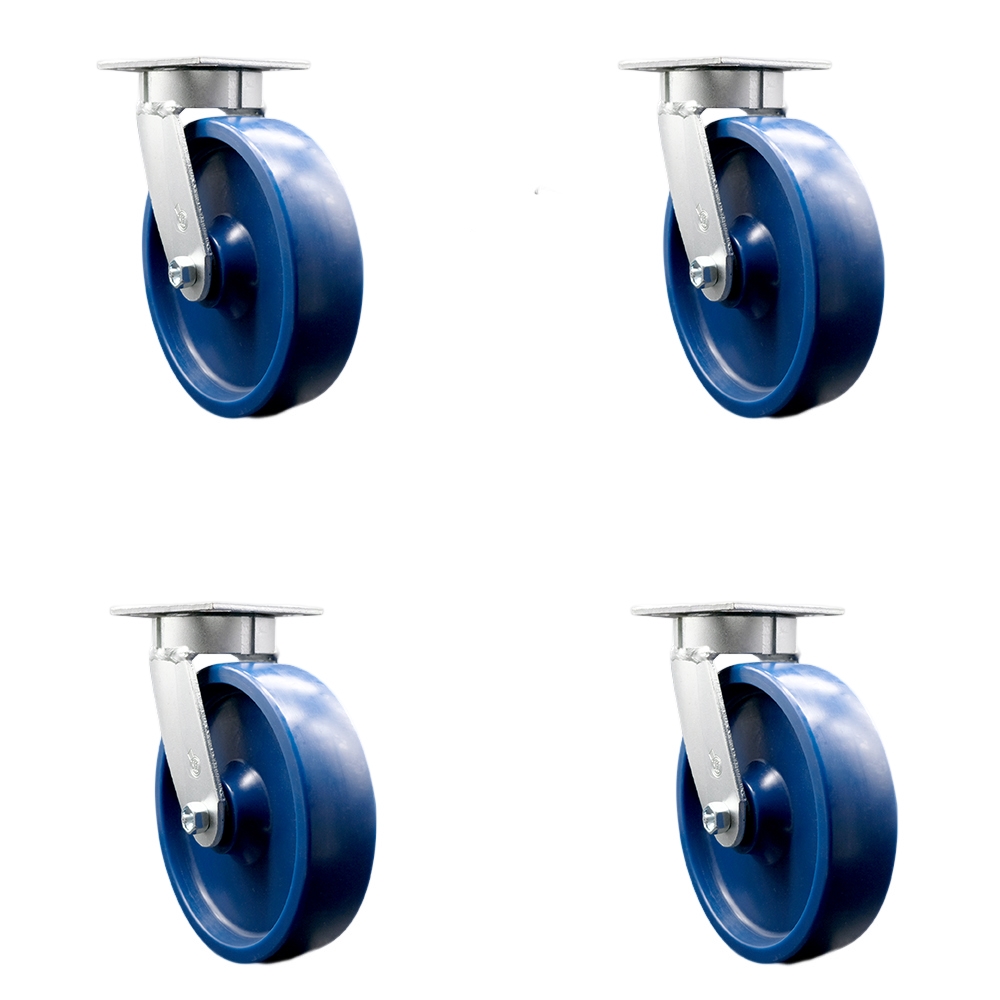 Kingpinless Solid Polyurethane Swivel Top Plate Caster Set of 4 w/8" x 2" Blue Wheels - Includes 4 Swivel w/Bolt on Swivel Locks - 4800 lbs Total Capacity - Service Caster Brand — photo 1