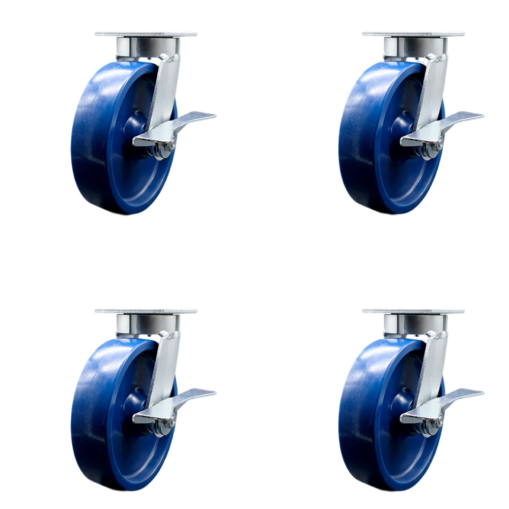 Kingpinless Solid Polyurethane Swivel Top Plate Caster Set of 4 w/8" x 2" Blue Wheels - Includes 4 Swivel w/Side Lck Brakes - 4800 lbs Total Capacity - Service Caster Brand — photo 1