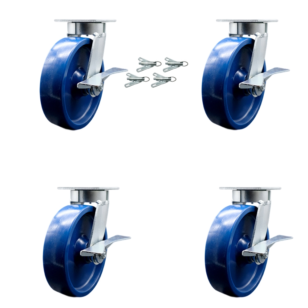 Kingpinless Solid Polyurethane Swivel Top Plate Caster Set of 4 w/8" x 2" Blue Wheels - Includes 4 Swivel w/Side Lck Brakes & Bolt on Swivel Locks - 4800 lbs Total Capacity - Service Caster Brand — photo 1