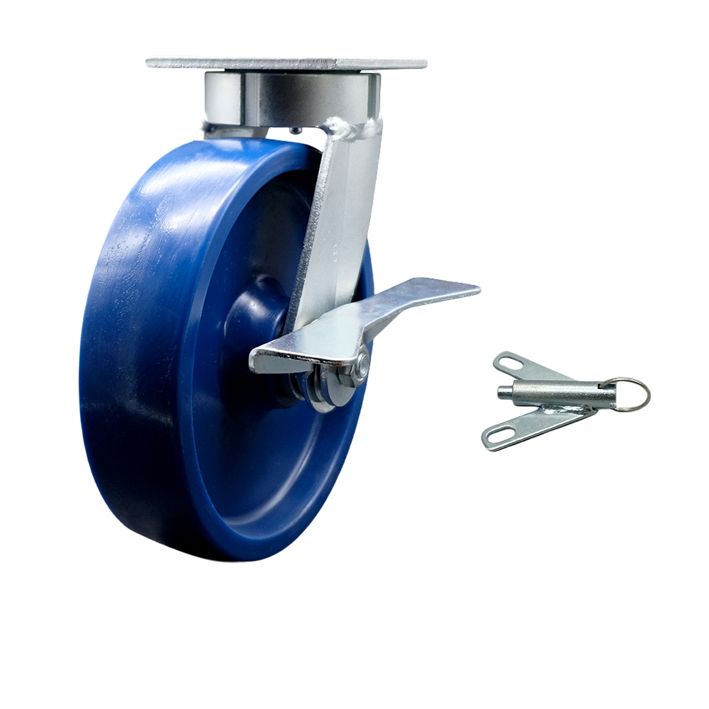 Kingpinless Solid Polyurethane Swivel Top Plate Caster w/8" x 2" Blue Wheel & Side Lck Brake and Bolt on Swivel Lock - 1200 lbs Capacity/Caster - Service Caster Brand — photo 1