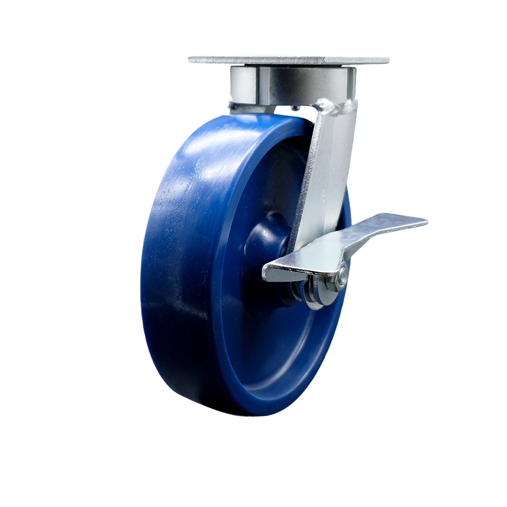 Kingpinless Solid Polyurethane Swivel Top Plate Caster w/8" x 2" Blue Wheel & Side Lck Brake - 1200 lbs Capacity/Caster - Service Caster Brand — photo 1