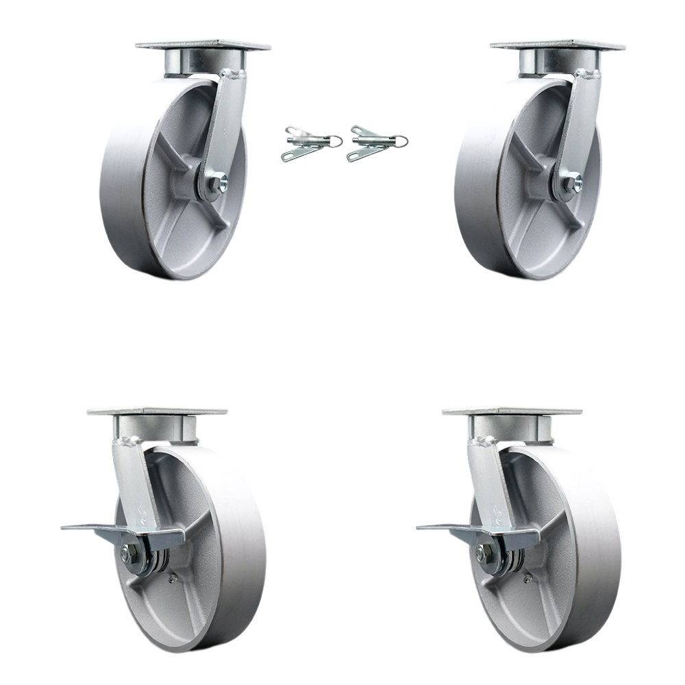 Kingpinless Semi Steel Cast Iron Swivel Top Plate Caster Set of 4 w/8" x 2" Silver Wheels-Includes 2 Swivel with Bolt on Swivel Locks&2 Swivel with Brakes-5000lbs Total Capacity - Service Caster Brand — photo 1