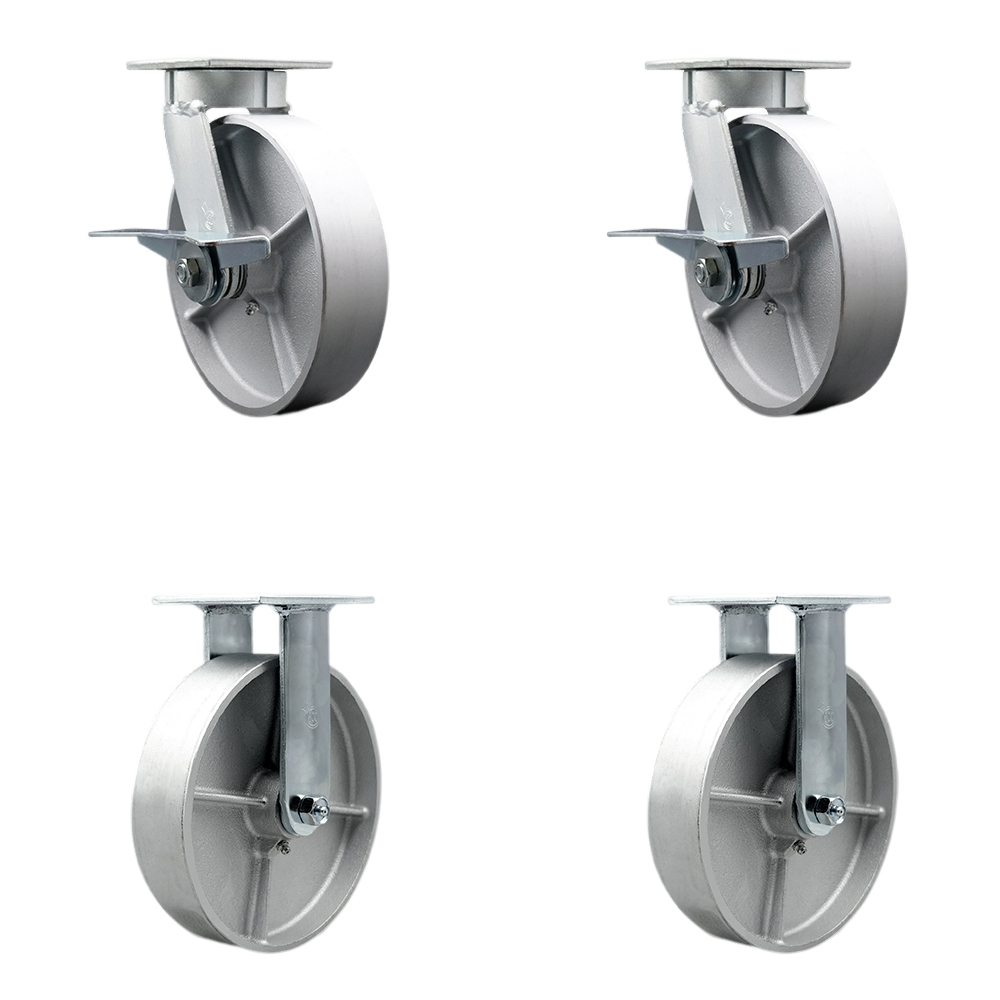 Heavy Duty Kingpinless Swivel Caster Set of 4 with 8 Inch Semi Steel Cast Iron Wheels and Ball Bearings - Includes 2 Swivel with Brakes and 2 Rigid - 5,000 lbs. Total Capacity - Service Caster Brand — photo 1