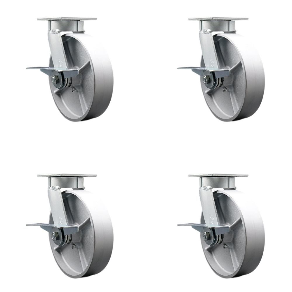 Heavy Duty Kingpinless Swivel Caster Set of 4 with 8 Inch Semi Steel Cast Iron Wheels and Bronze Bearings - Includes 4 Swivel with Side Lock Brakes - 5,000 lbs. Total Capacity - Service Caster Brand — photo 1