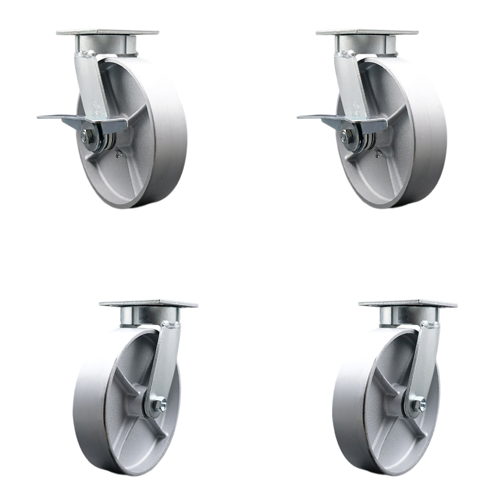 Kingpinless Semi Steel Cast Iron Swivel Top Plate Caster Set 4 w/8" x 2" Silver Wheels-Includes 2 Swvl w/Brakes and Bolt on Swvl Lcks&2 Swvl w/Bolt on Swvl Lcks-5000lbs Total Cpty-Service Caster Brand — photo 1