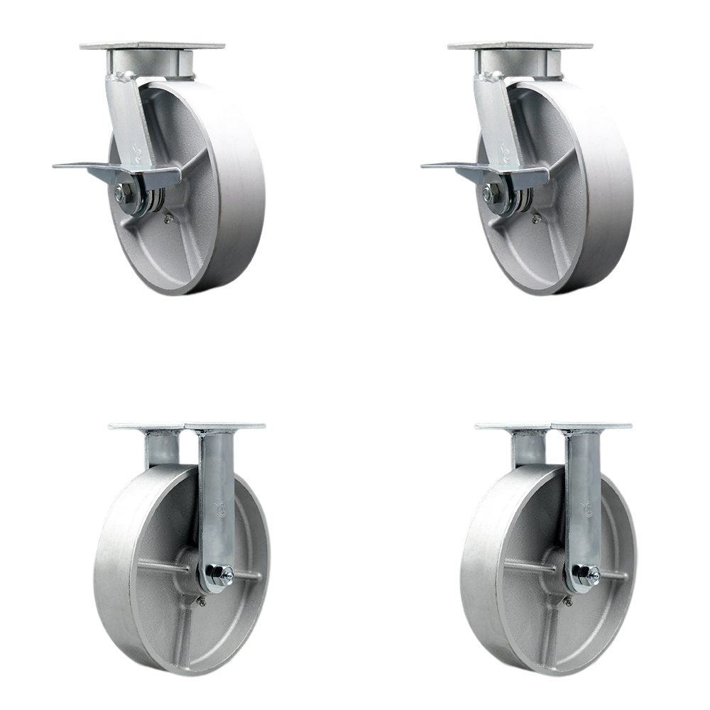 Kingpinless Semi Steel Cast Iron Swivel Top Plate Caster Set of 4 w/8" x 2" Silver Wheels-Includes 2 Swivel with Brakes and Bolt on Swivel Locks & 2 Rigid-5000lbs Total Capacity - Service Caster Brand — photo 1