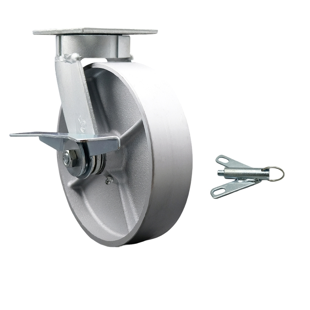Service Caster Brand Replacement Caster for Grainger Caster P25S-C080R-14-CB-DL 489C47 - Kingpinless Swivel Top Plate Heavy Duty Caster with 8 Inch Semi Steel Cast Iron Wheel & Brake and Swivel Lock — photo 1