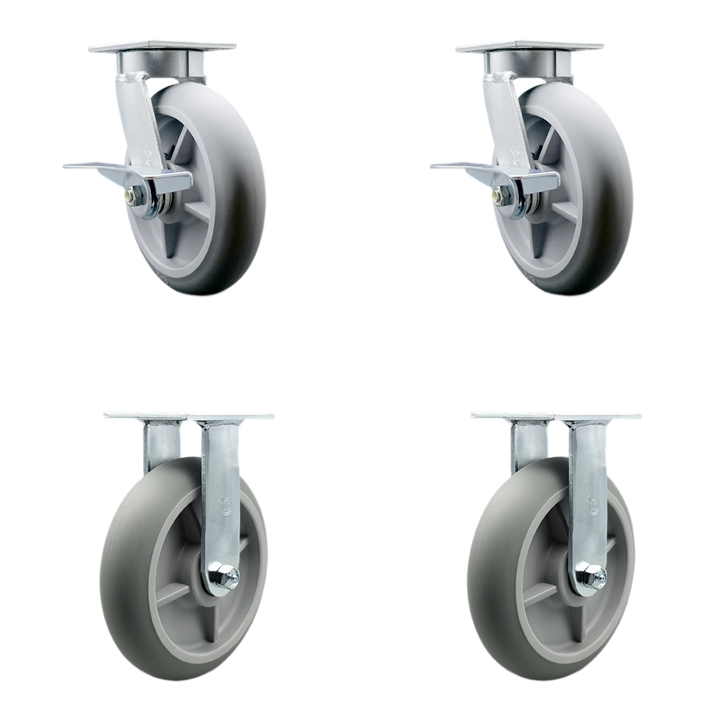 Kingpinless Thermo Rubber Donut Tread Swivel Top Plate Caster Set of 4 w/8" x 2" Gray Wheels - Includes 2 Swivel & 2 Rigid - 2400 lbs Total Capacity - Service Caster Brand — photo 1