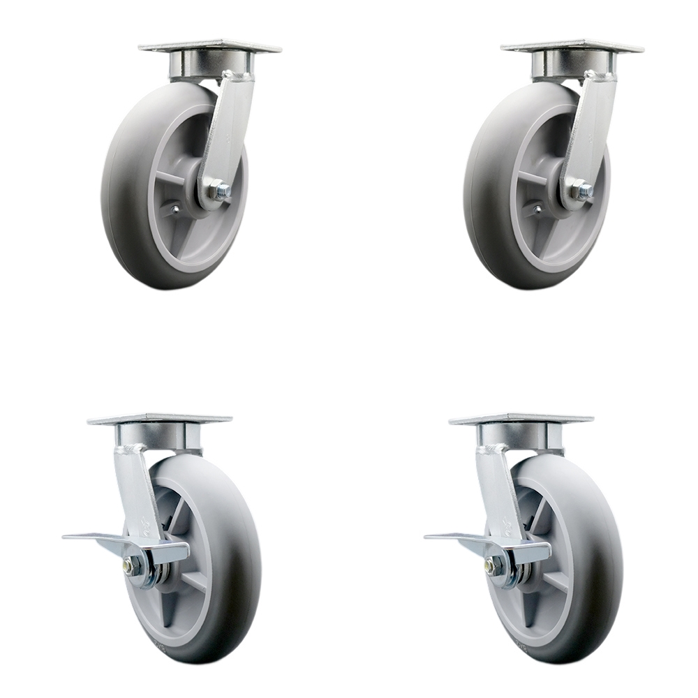 Kingpinless Thermo Rubber Donut Tread Swivel Top Plate Caster Set of 4 w/8" x 2" Gray Wheels - Includes 2 Swivel with Brakes & 2 Swivel - 2400 lbs Total Capacity - Service Caster Brand — photo 1