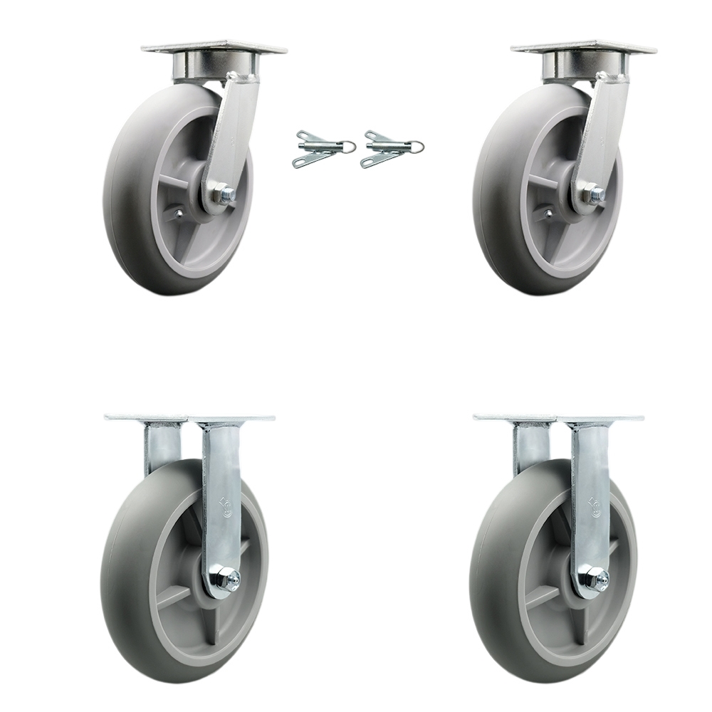 Kingpinless Thermo Rubber Donut Tread Swivel Top Plate Caster Set of 4 w/8" x 2" Gray Wheels - Includes 2 Swivel with Bolt on Swivel Locks & 2 Rigid - 2400 lbs Total Capacity - Service Caster Brand — photo 1