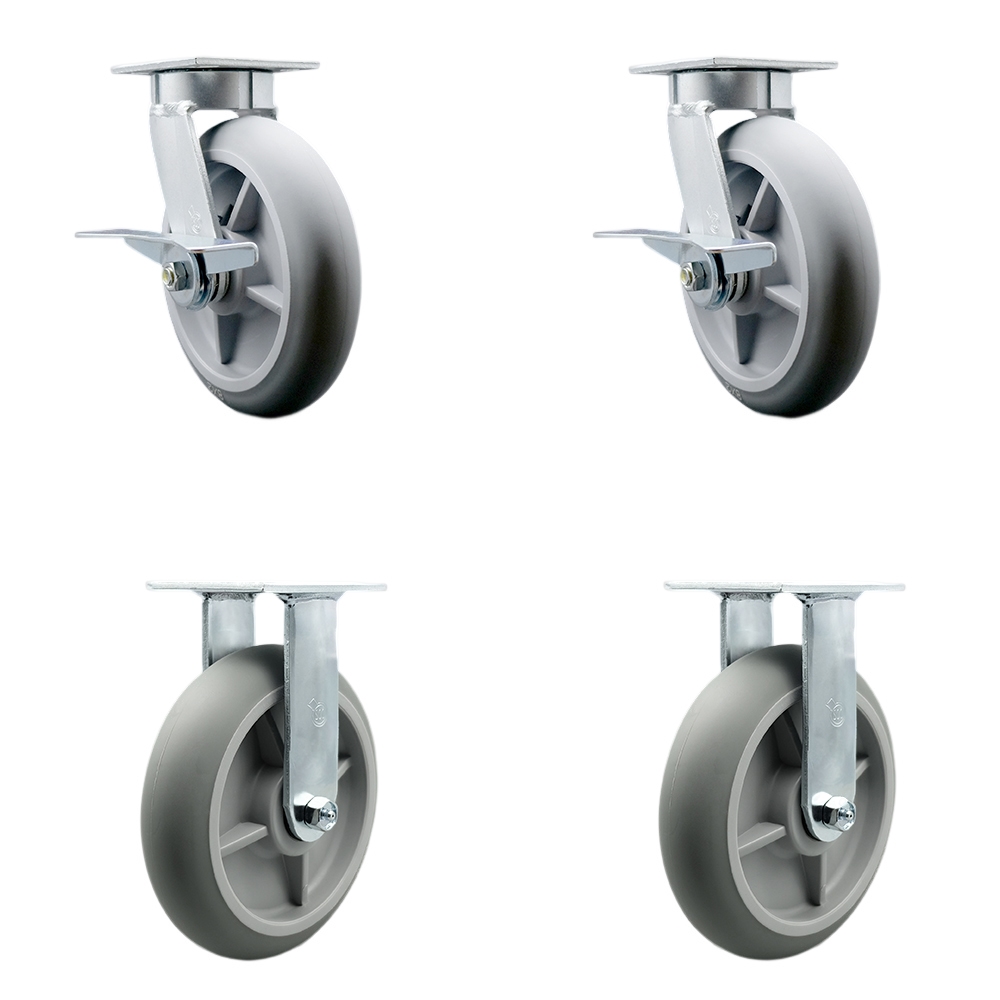Heavy Duty Kingpinless Swivel Caster Set of 4 with 8 Inch Thermoplastic Rubber Donut Tread Wheels and Ball Bearing-Include 2 Swivel with Brake and 2 Rigid-2,400lbs. Total Capacity-Service Caster Brand — photo 1
