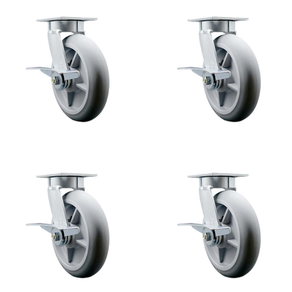 Kingpinless Thermo Rubber Donut Tread Swivel Top Plate Caster Set of 4 w/8" x 2" Gray Wheels - Includes 4 Swivel w/Side Lck Brakes - 2400 lbs Total Capacity - Service Caster Brand — photo 1